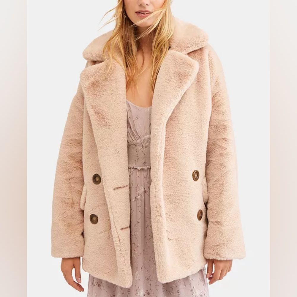 Free People Kate Oversized Faux-Fur Double-Breasted Coat Women's XL Apricot Tan - Picture 2 of 7
